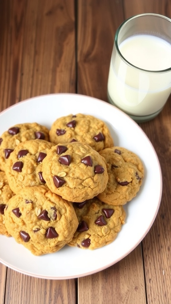 Oatmeal Cookie Recipe A plate of chewy oatmeal cookies with chocolate chips on a wooden table next to a glass of milk.